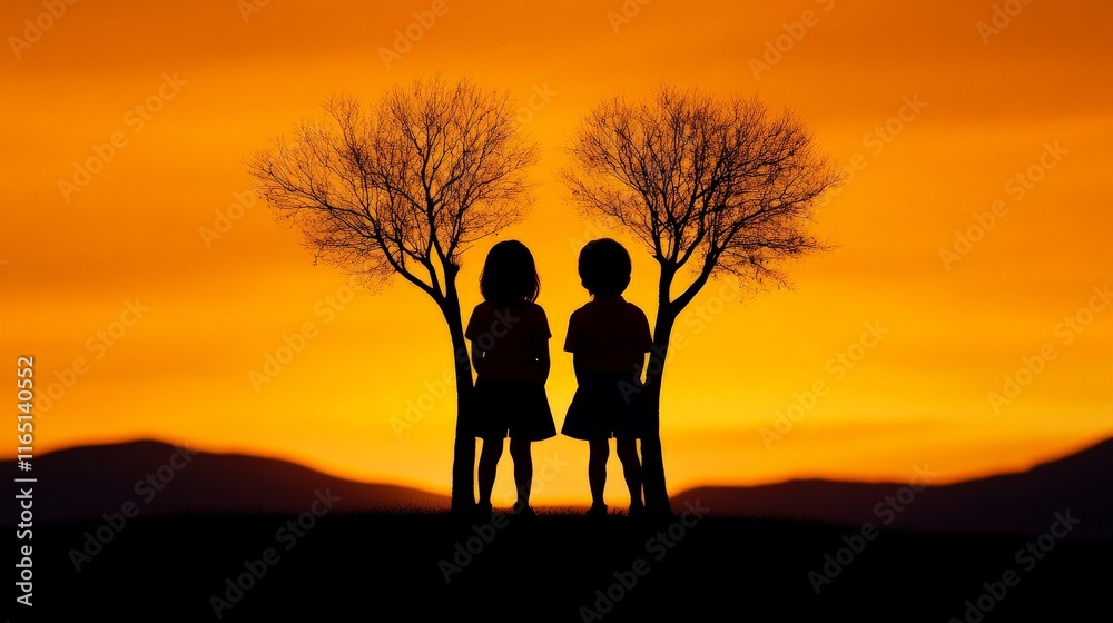 Silhouettes of Two Children Embrace Friendship Under a Sunset Sky Silhouettes of Two Children Embrace Friendship Under a Sunset Sky