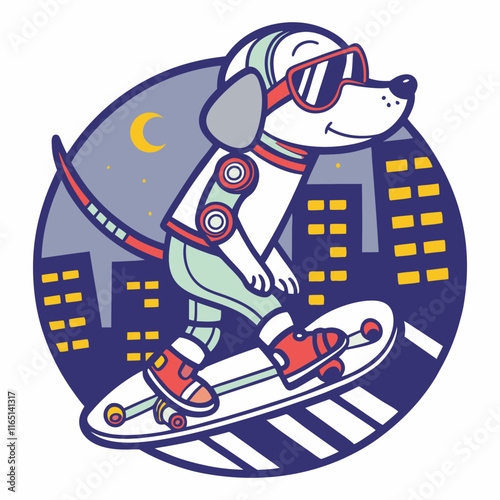 Trendy Robot Dog Logo with Sunglasses and Hoverboard, Art & Illustration
