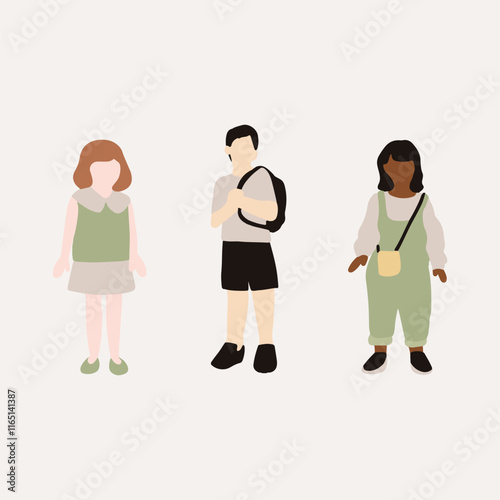 flat minimal children male and female vector illustration in summer spring clothing concept isolated set collection. For architecture rendering, graphic design, info graphic, media