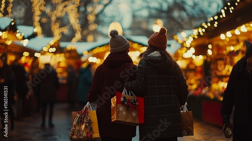 Two women are walking down a street with bags in their hands