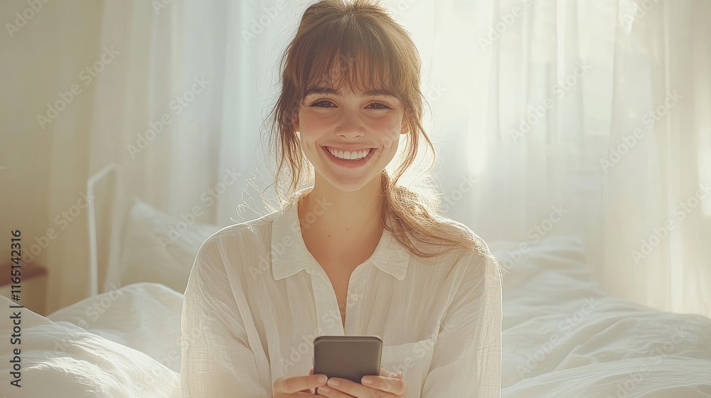A woman is sitting on a bed and holding a cell phone A woman is sitting on a bed and holding a cell phone
