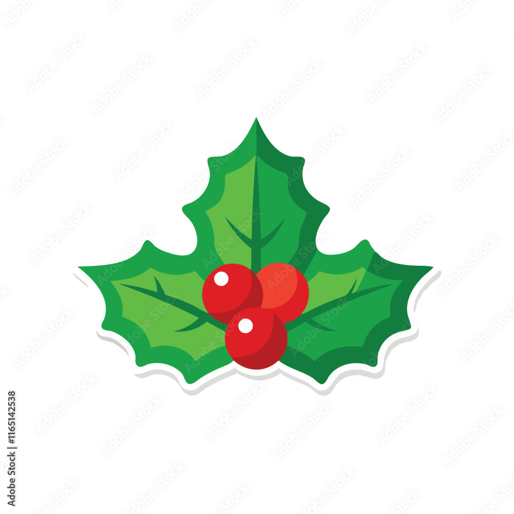 Holly Leaf with Red Berrie sticker isolated flat vector illustration on white background. Holly Leaf with Red Berrie sticker isolated flat vector illustration on white background.
