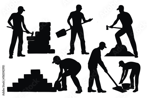 Male bricklayer silhouettes set isolated flat vector illustration on white background