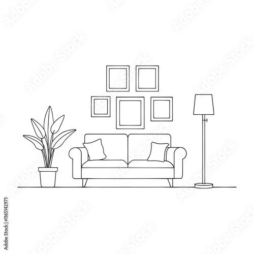 Nterior with sofa, plant, lamp and frames for photo Handdraw contour. Flower in pot Hand drawn Continuous line art flat vector illustration on white background.