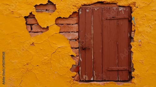 Rusty Doorway: An old, weathered wooden door, partially hidden behind a crumbling yellow wall, evokes a sense of mystery and forgotten stories.