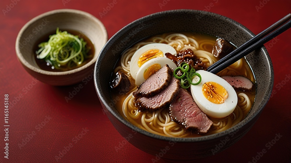 ramen noodle soup with chicken shiitake mushroms and egg in a bowl ramen noodle soup with chicken shiitake mushroms and egg in a bowl