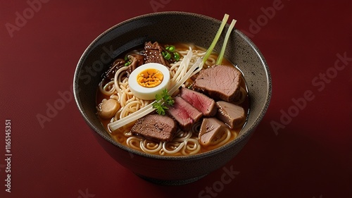 ramen noodle soup with chicken shiitake mushroms and egg in a bowl photo