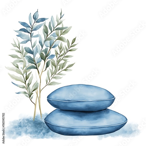 Watercolor painting of stacked blue stones and eucalyptus branches, perfect for spa, wellness, or serenity themed designs. photo