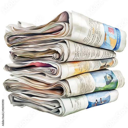 A Stack of Rolled-Up Newspapers in a Watercolor Style, Isolated on White.