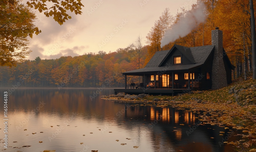 Fototapeta premium Cozy cabin by lake at sunset, autumn foliage.