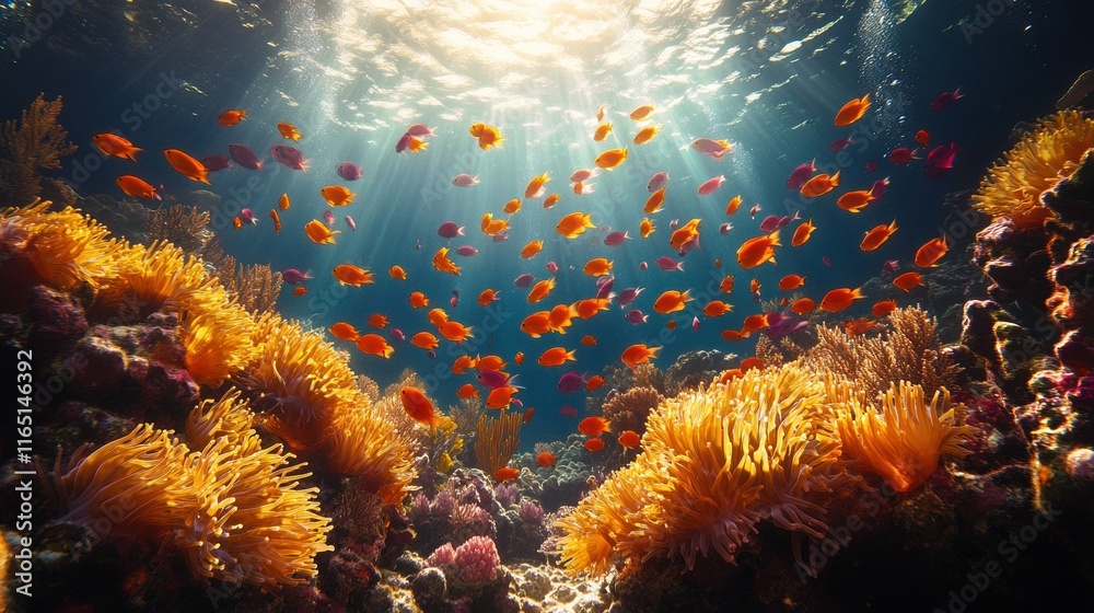 Vibrant underwater coral reef scene with diverse marine life and sunlit waters Vibrant underwater coral reef scene with diverse marine life and sunlit waters