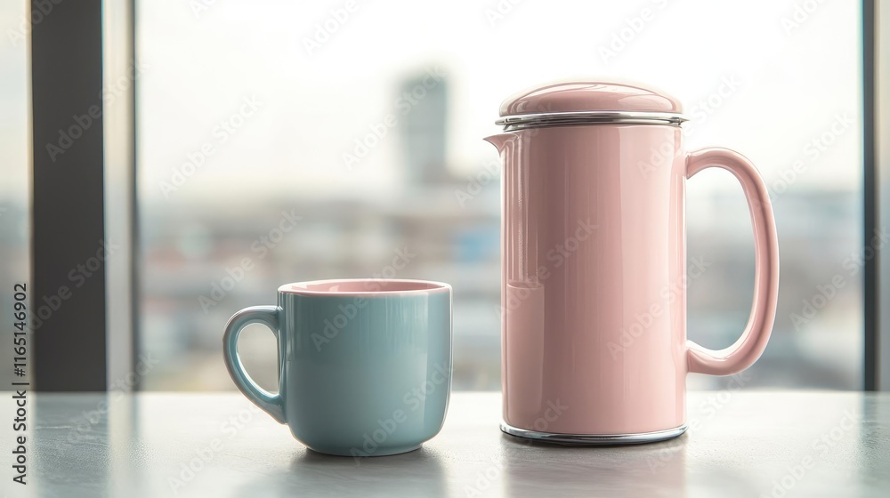 Obraz premium Pastel coffee idea. A stylish pink French press next to a blue coffee cup on a sleek table.