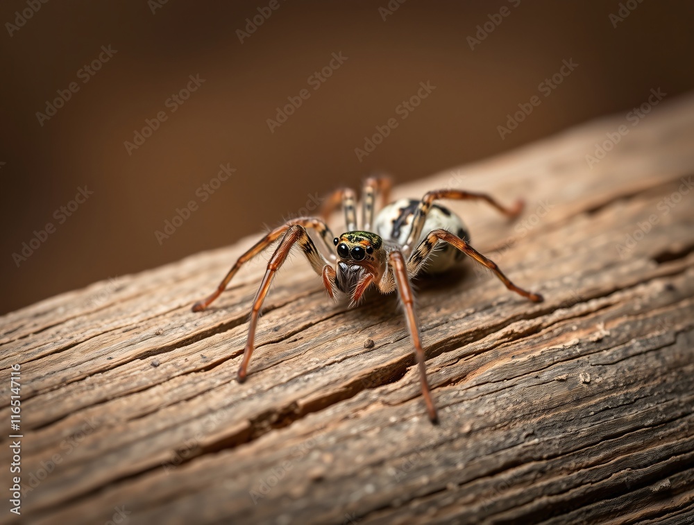Close-up of a spider crawling on weathered wooden surface in nature Close-up of a spider crawling on weathered wooden surface in nature