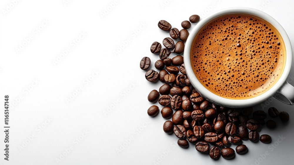 Obraz premium Aromatic espresso in white cup with coffee beans.