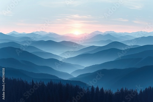 sunrise in mountains with sun rises on blue color mountains