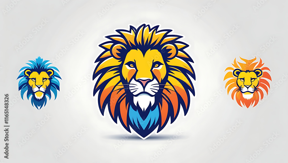 Obraz premium Three vector illustrations of a lion's face, each with a unique design and vibrant colors like orange, gold, and red, creating bold and striking contrasts. The lion faces are drawn in geometric, clean