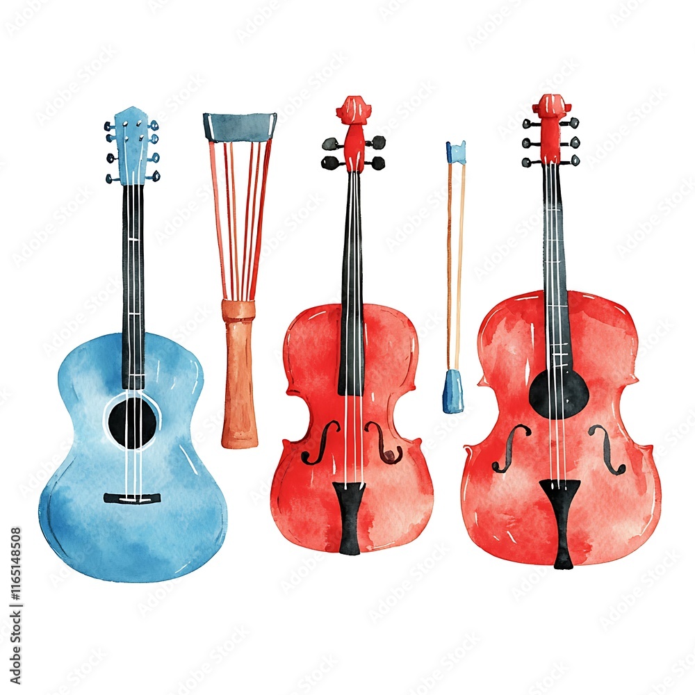 Naklejka premium Watercolor painting of a blue acoustic guitar, violin, cello, and bow isolated on white background.