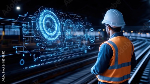 A construction engineer wearing a hard hat and orange safety vest examines a glowing blue holographic interface of a train system in a modern industrial environment. Ideal for innovation, technology,  photo
