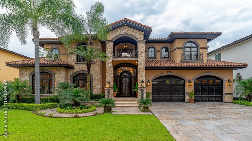 Luxurious Mediterranean-style house with stone facade, red tile roof, palm trees, and a three-car garage. Luxurious Mediterranean-style house with stone facade, red tile roof, palm trees, and a three-car garage.