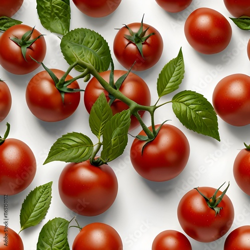A tomato with leaves that are on a table