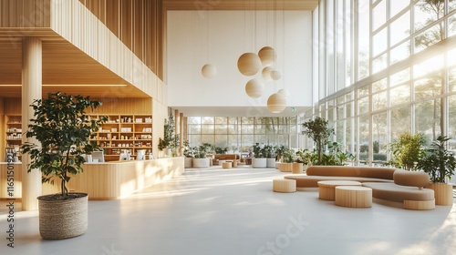 Sunlit modern lobby with wooden furniture, plants, and large windows.