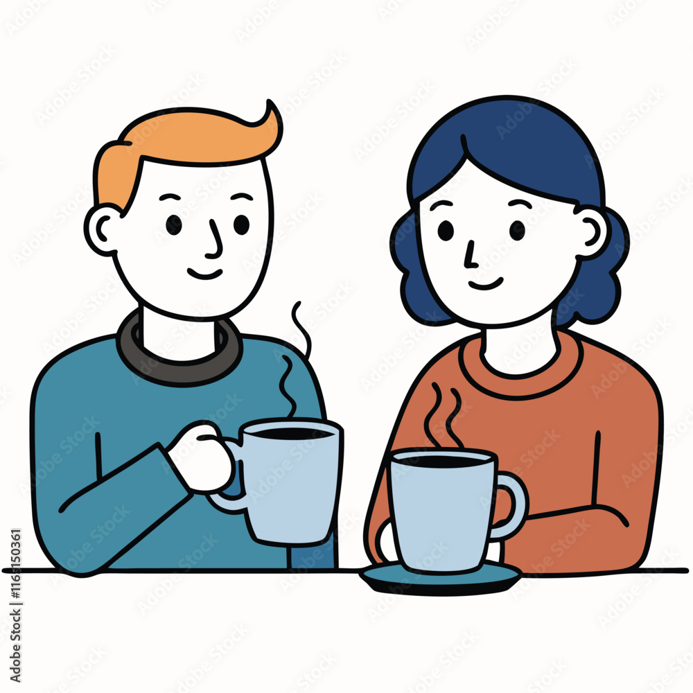 Two friends chatting over coffee cups in a cozy atmosphere isolated on white background