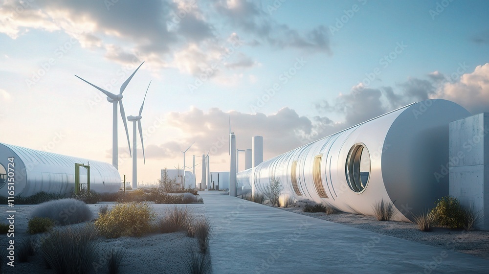 Obraz premium Hydrogen Pipeline Next to Wind Turbines under a Clear Sky