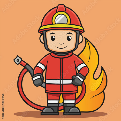 Brave firefighter holding a hose, helmet, and uniform ready for action isolated on white background