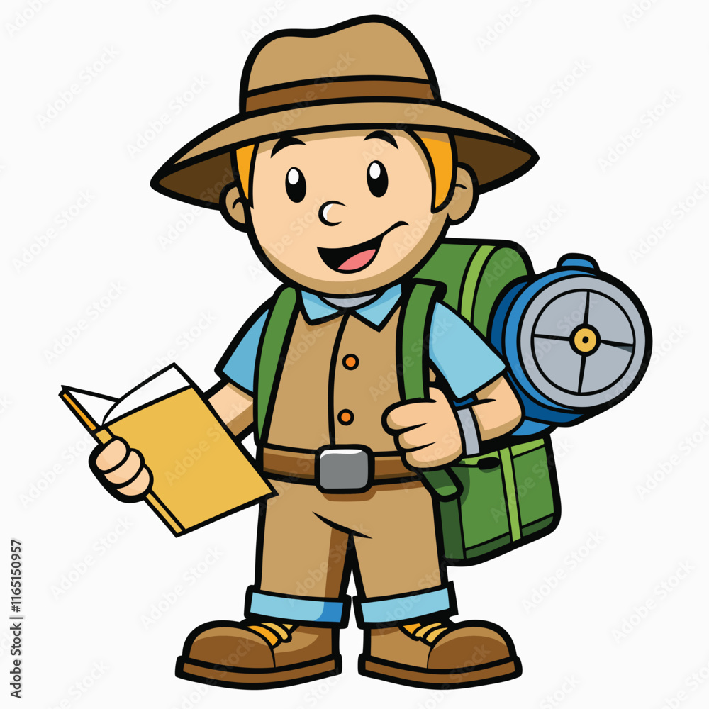 Explorer holding a map and compass wearing a backpack isolated on white background Explorer holding a map and compass wearing a backpack isolated on white background