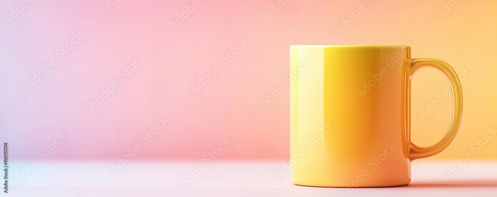 Pastel coffee idea. A bright yellow mug placed against a vibrant gradient background. Pastel coffee idea. A bright yellow mug placed against a vibrant gradient background.