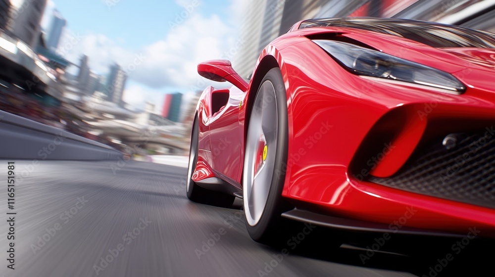 High-speed red sports car racing down urban street in dynamic motion blur High-speed red sports car racing down urban street in dynamic motion blur