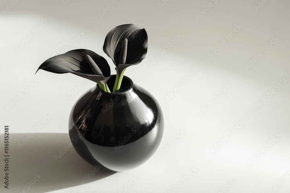 Two black calla lilies in a sleek, black vase against a minimalist white backdrop. Two black calla lilies in a sleek, black vase against a minimalist white backdrop.