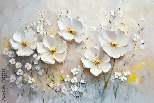 Elegant white blooms on textured canvas: modern floral art with delicate touches