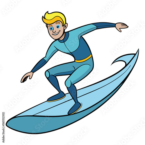 Surfer riding a wave wearing a wetsuit dynamically isolated on white background