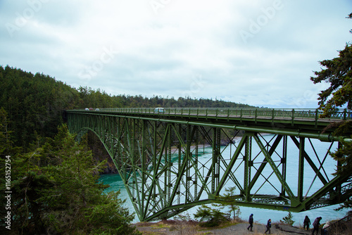 Green steel bridge spans forested canyon above clear blue river water