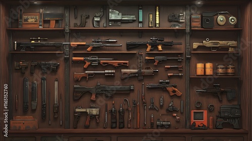 Detailed view of a wooden cabinet filled with various weapons, tools, and gadgets.