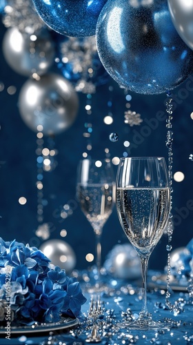 Elegant blue and silver celebration with champagne and festive decor