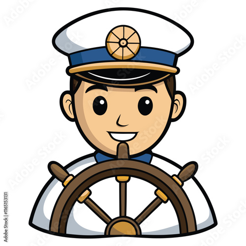 Sailor holding a steering wheel wearing a captain's hat isolated on white background