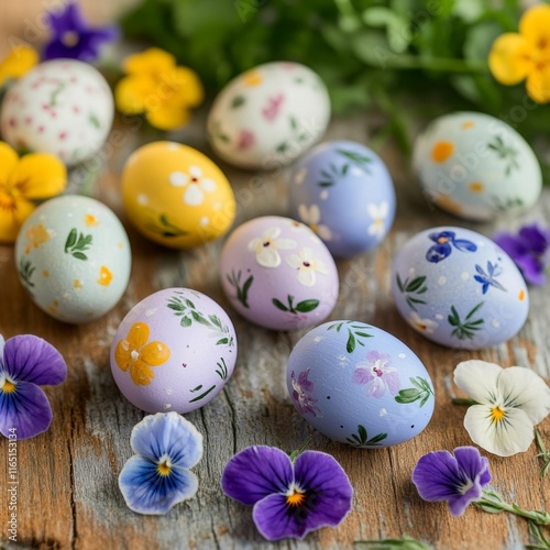 A close-up of beautifully painted Easter eggs scattered among colorful spring flowers like violets and irises on a soft, rustic wooden surface.