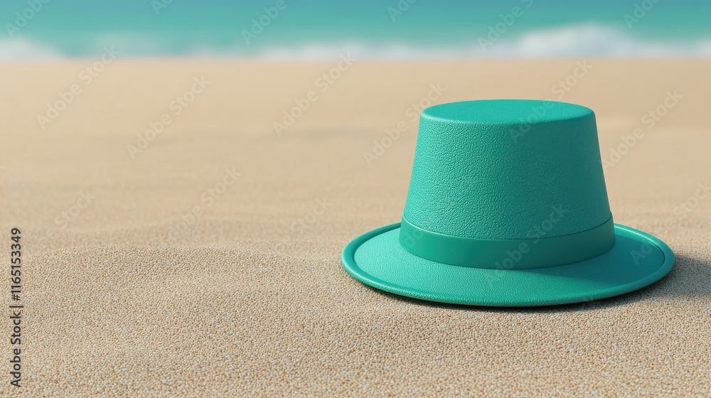 Naklejka premium Bright Turquoise Hat on Golden Sand Under Clear Blue Sky