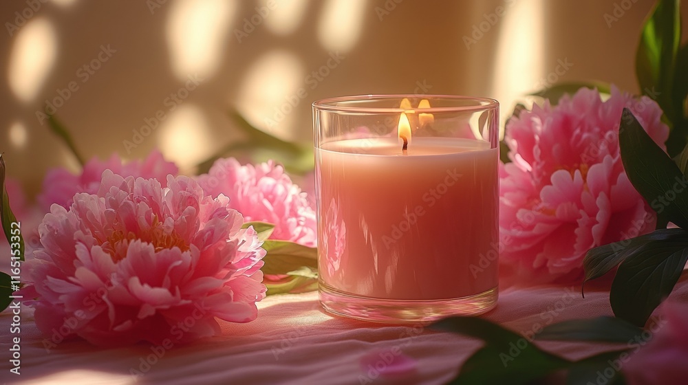 Serene candle scene with pink peonies and soft sunlight Serene candle scene with pink peonies and soft sunlight