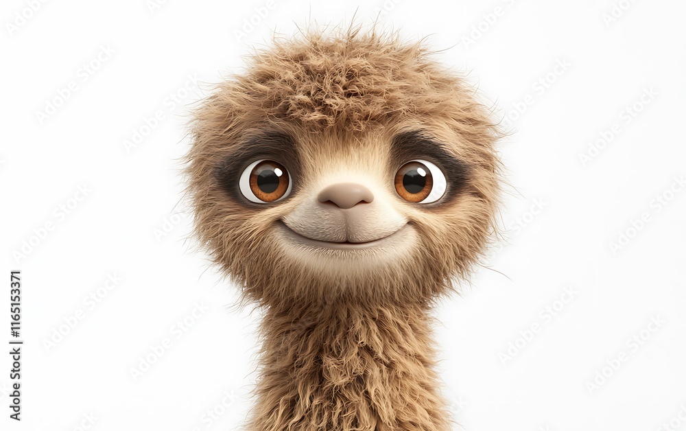 Obraz premium Adorable cartoon sloth with fluffy brown fur, big eyes, and a sweet smile against a white background.