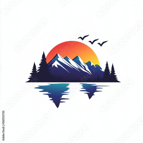 Logotipo minimalista de paisaje con montañas nevadas, lago, árboles y un atardecer colorido, ideal para turismo y naturaleza