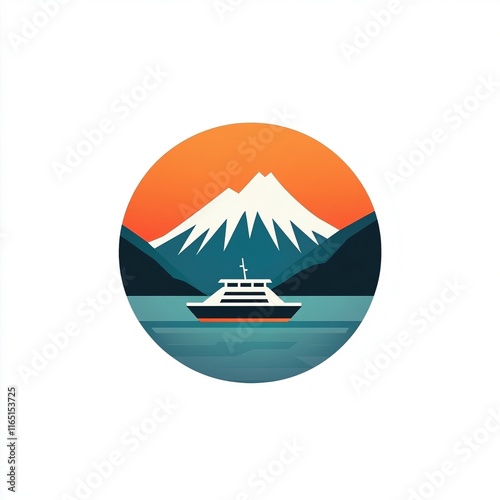 Logotipo minimalista de ferry en lago con montañas y atardecer, diseño moderno para empresas de turismo, viajes y transporte marítimo