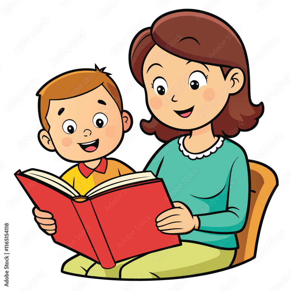Mother reading a storybook to her child in a cozy setting isolated on white background Mother reading a storybook to her child in a cozy setting isolated on white background