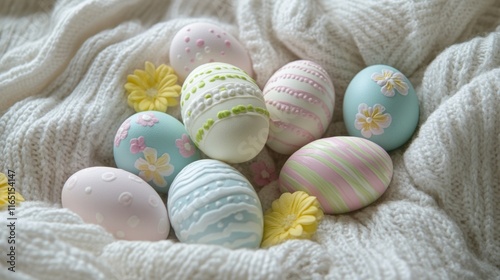 A collection of Easter eggs with pastel stripes, dots, and floral motifs, arranged on a textured white cloth.