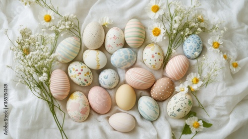 A collection of Easter eggs with pastel stripes, dots, and floral motifs, arranged on a textured white cloth.
