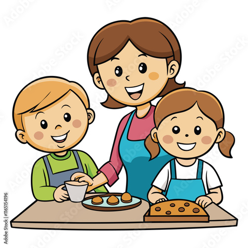 Mother and two kids making cookies together joyfully isolated on white background