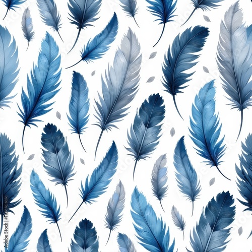 Blue and gray feathers on white background