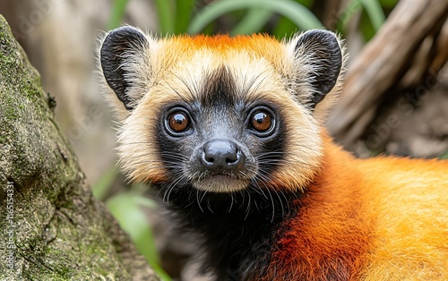 Close-up portrait of a red-furred, big-eyed mammal with dark markings on its face, looking directly at the camera.
